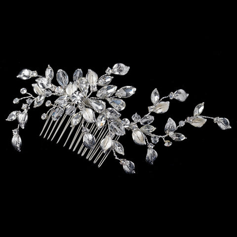 Silver Clear Floral Bridal Wedding Hair Comb with Rhinestones & Swarovski Crystal Beads