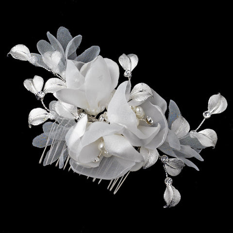 Matte Satin Sheer Organza Ivory Flower Bridal Wedding Hair Comb with Silver Leaves, Rhinestones & Pearls