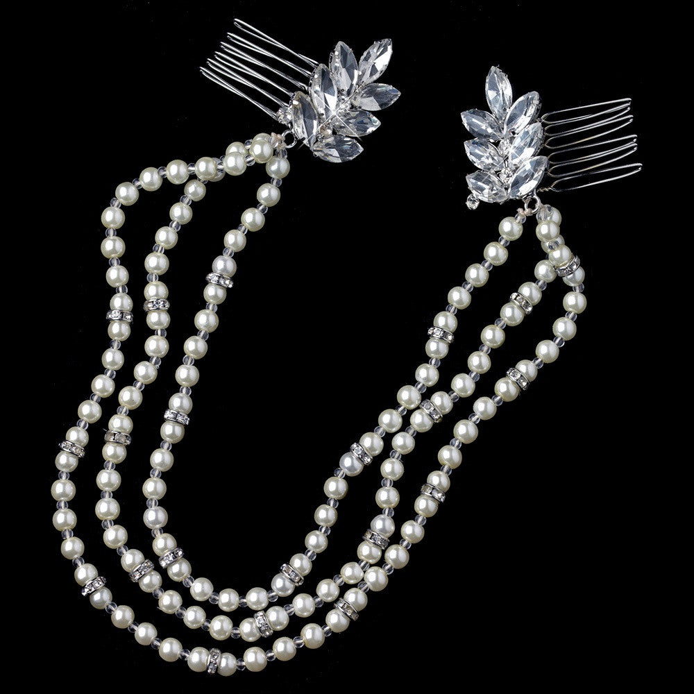 Silver Clear Rhinestone Multi Strand Pearl Bridal Wedding Hair Comb