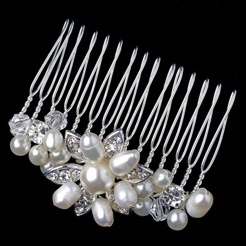 Silver Ivory Freshwater Pearl, Rhinestone & Swarovski Crystal Bead Bridal Wedding Hair Comb