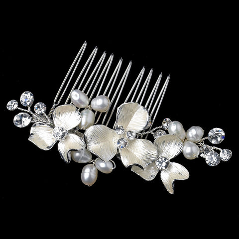 Silver Clear Rhinestone & Freshwater Pearl Flower Bridal Wedding Hair Comb