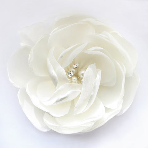 Ivory Satin & Organza Flower With Pearl & Rhinestone Center Bridal Wedding Hair Clip 104