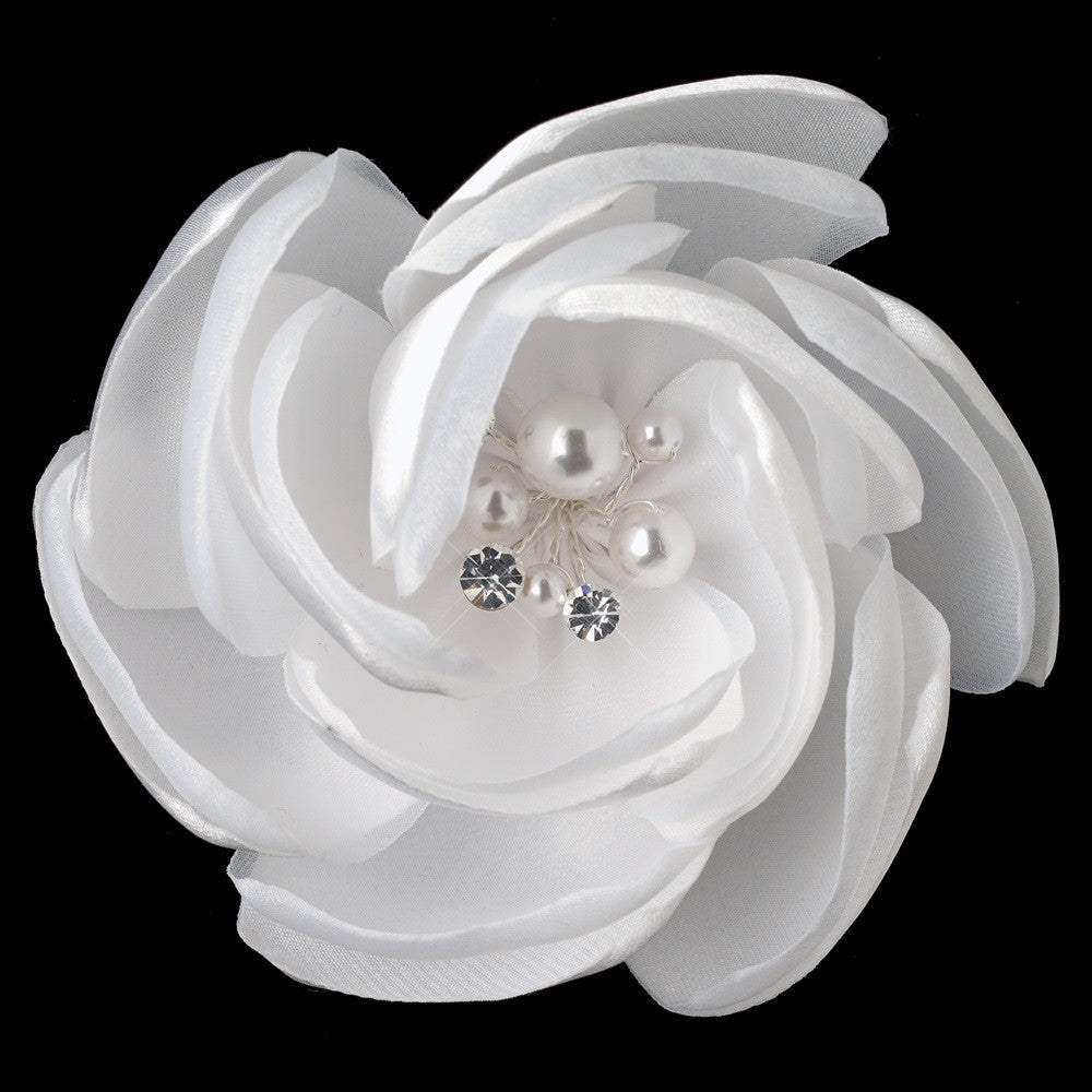 Satin & Organza Flower w/ Pearl & Rhinestone Center Bridal Wedding Hair Clip 105