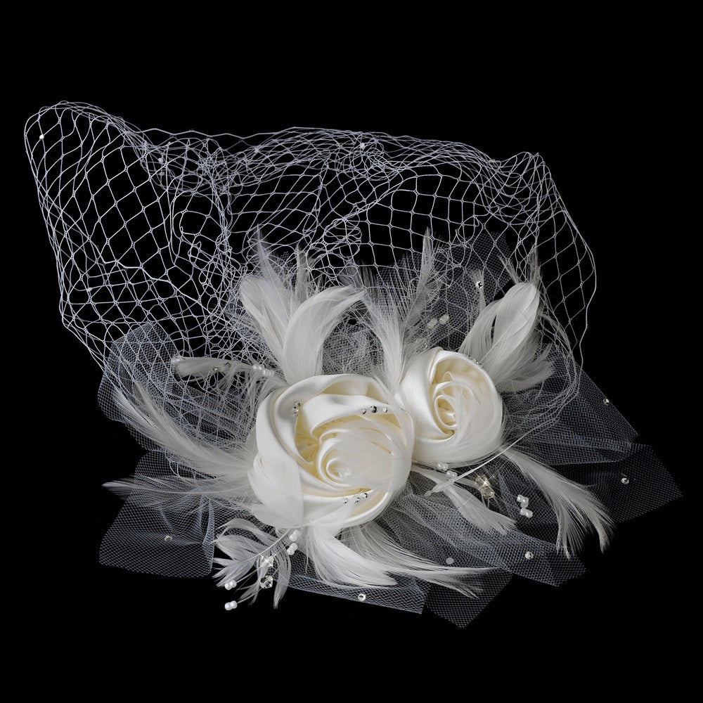 Twin Matte Satin & Feather Flower Fascinator on Russian Tulle Style Birdcage Bridal Wedding Veil in White or Ivory 1139