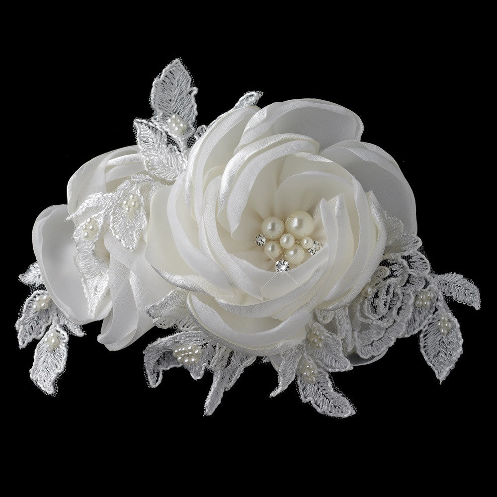 Ivory Satin Lace Tulle Rose Bridal Wedding Hair Clip with Pearl & Rhinestone Accents