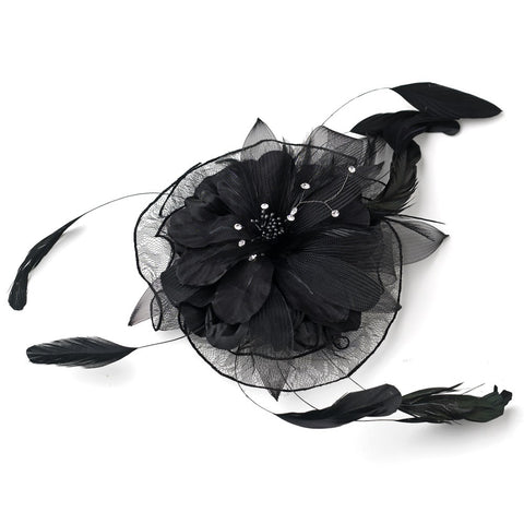 * Black Feather & Rhinestone Flower Fascinator Bridal Wedding Hair Clip 1772