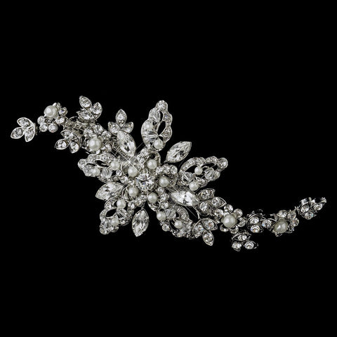Antique Silver Clear Crystal & Diamond White Pearl Bridal Wedding Hair Clip 1773