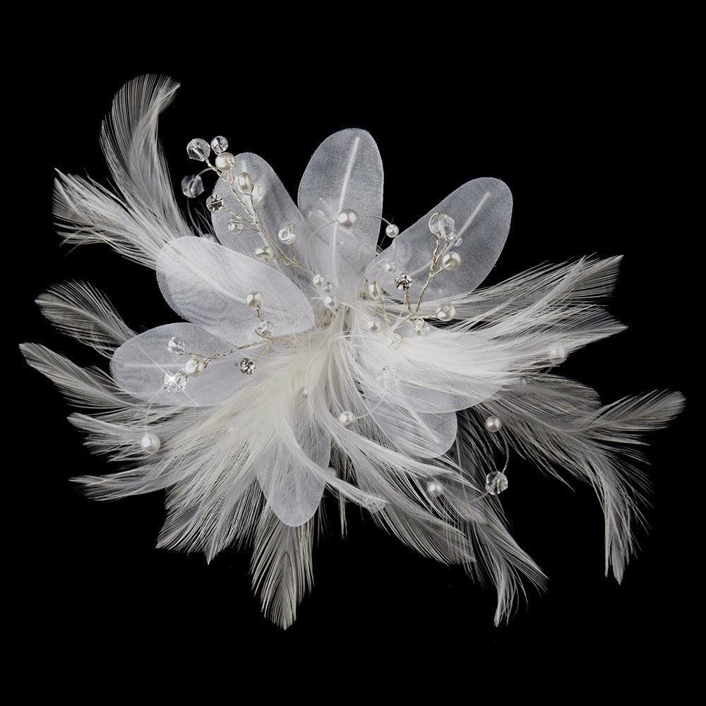 Feather Pearl & Austrian Crystal Flower Bridal Wedding Hair Clip 2581 with Bridal Wedding Brooch Pin