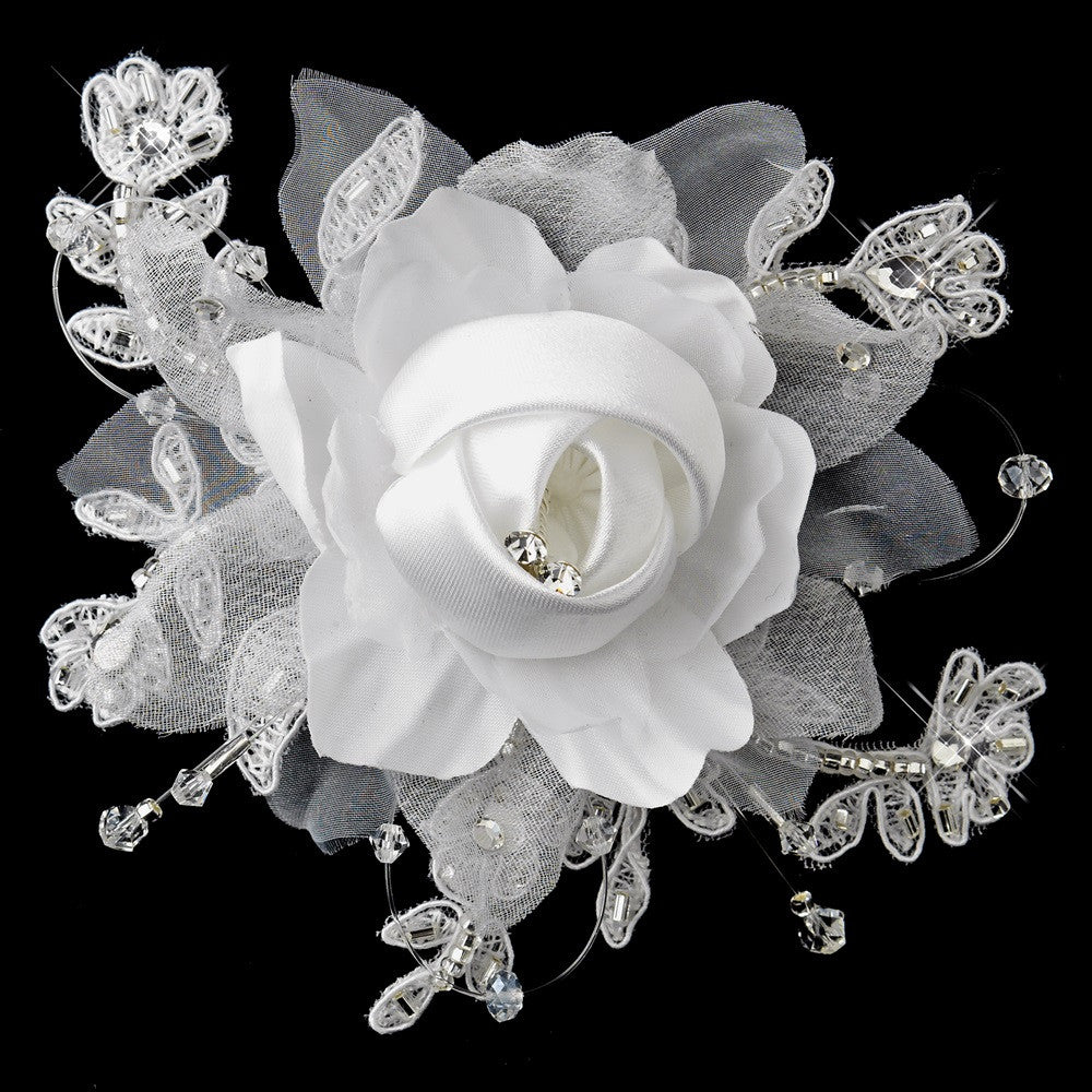 Rhinestone, Crystal, Lace, Satin & Organza Flower Bridal Wedding Hair Clip 2705