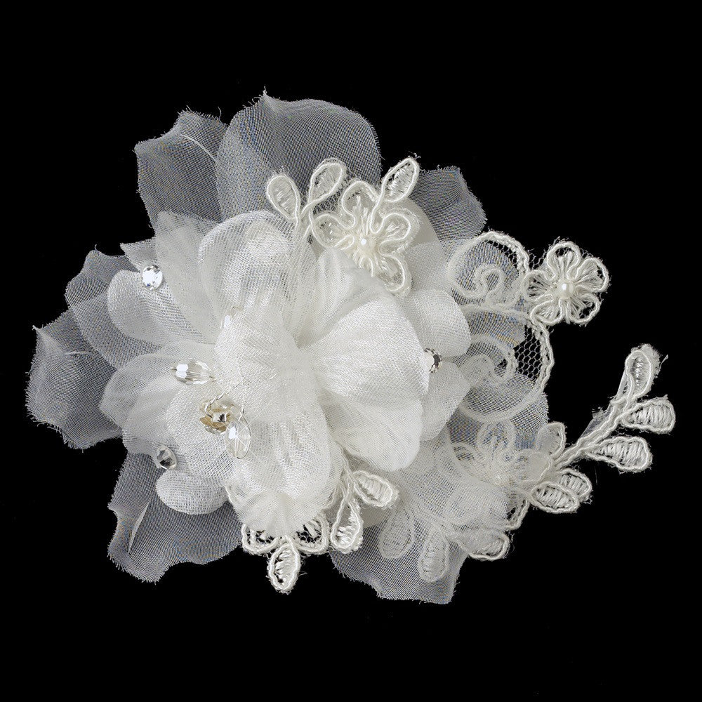 Ivory Organza Floral Lace Bridal Wedding Hair Flower Bridal Wedding Hair Clip 3047 w/ Pearls, Rhinestones & Crystals