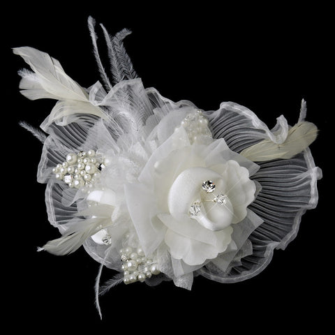 * Ivory Flower Feather Fascinator Bridal Wedding Hair Clip 3539 or Bridal Wedding Brooch (Pin Included on Back) Ivory or White