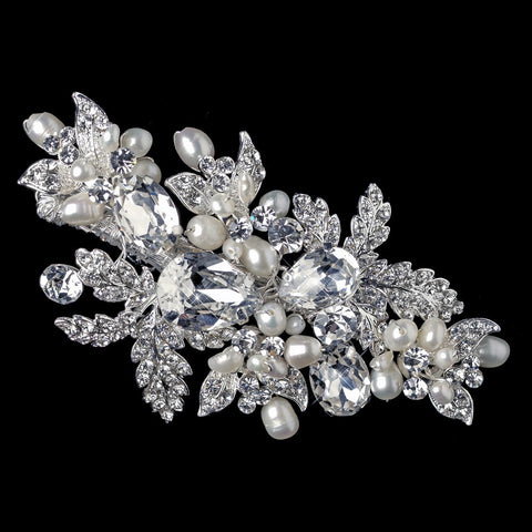Silver Rhinestone & Freshwater Pearl Leaf Accent Bridal Wedding Hair Clip 3775