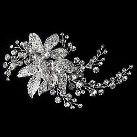 Silver Clear Rhinestone Floral Vine Leaves Bridal Wedding Hair Clip 378