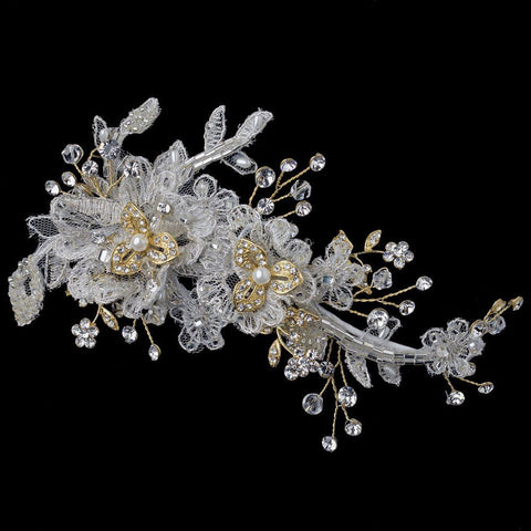 Gold Ivory Floral Lace Bridal Wedding Hair Clip with Pearl, Swarovski Crystal, Rhinestone & Bead Accents 4210