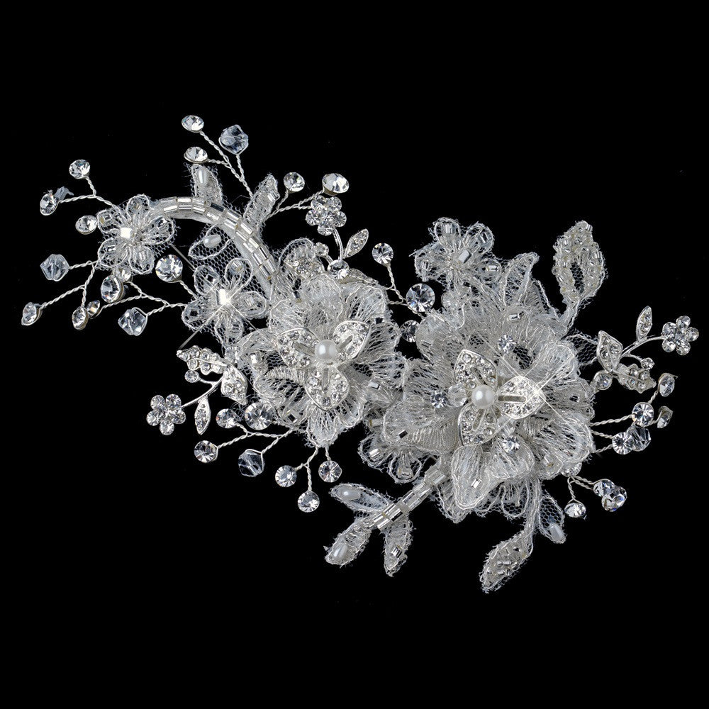 Silver Ivory Floral Lace Bridal Wedding Hair Clip with Pearl, Swarovski Crystal, Rhinestone & Bead Accents 4210