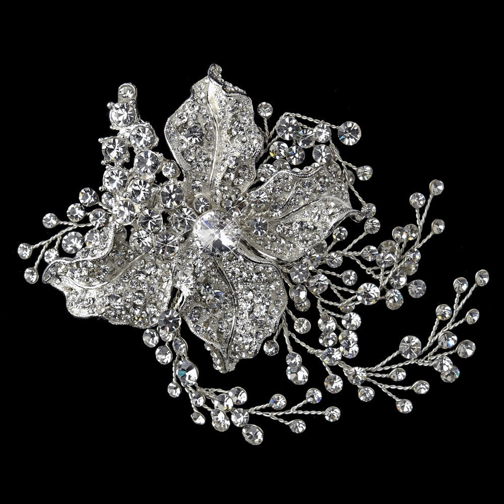 Antique Silver Clear Rhinestone Flower Bridal Wedding Hair Clip 4402