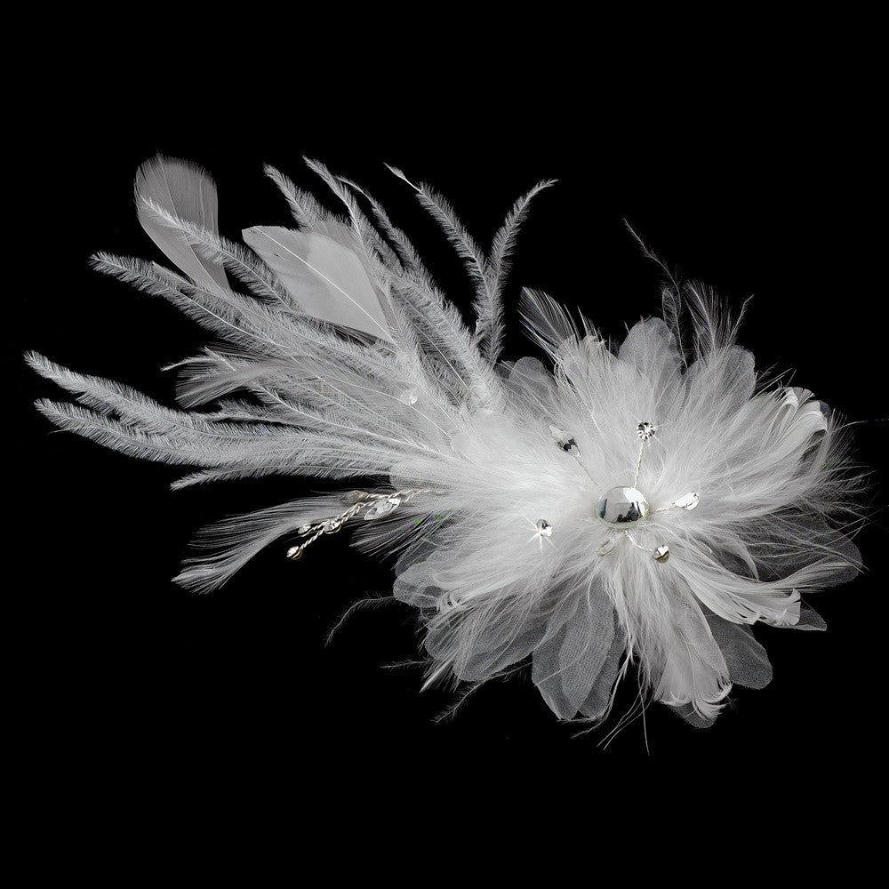 * Stunning White or Ivory Feather & Clear Rhinestone Flower Bridal Wedding Hair Clip 4632