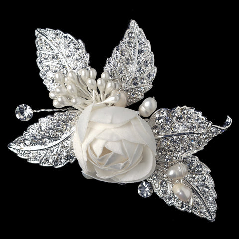 Ivory Fabric Flower with Freshwater Pearls & Silver Rhinestone Accented Leaves