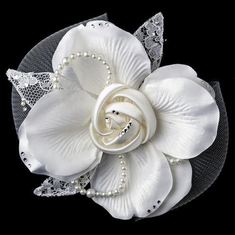 Ivory Pearl & Rhinestone Lace & Mesh Bridal Wedding Flower Bridal Wedding Hair Clip with Bridal Wedding Brooch Pin 485