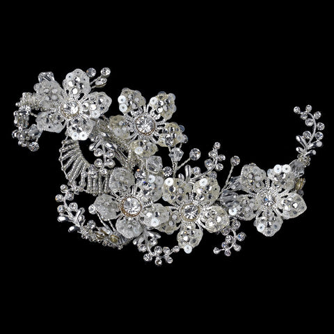Silver Clear Swarovski Crystal Bead, Rhinestone & Sequin Flower Bridal Wedding Hair Clip 486
