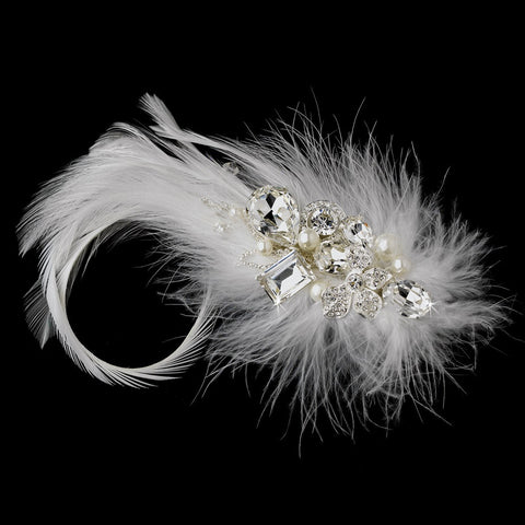 * Extraordinary White or Ivory Feather & Clear Rhinestone Bridal Wedding Hair Clip 5282