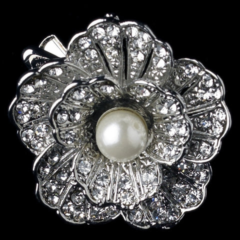 Rhodium Ivory Pearl & Rhinestone Flower Bridal Wedding Hair Clip 7131