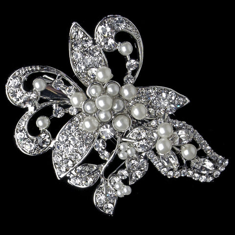 Rhodium Diamond White Pearl & Rhinestone Leaf Bridal Wedding Hair Clip