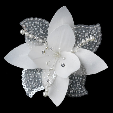 Flower Fascinator with Pearl & Swarovski Crystal Bead Bridal Wedding Hair Clip 779