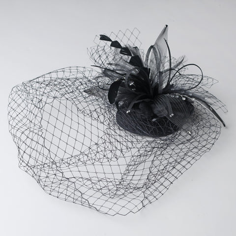 Black Feather Swarovski Cocktail Party Hat & Birdcage Bridal Wedding Veil 8366