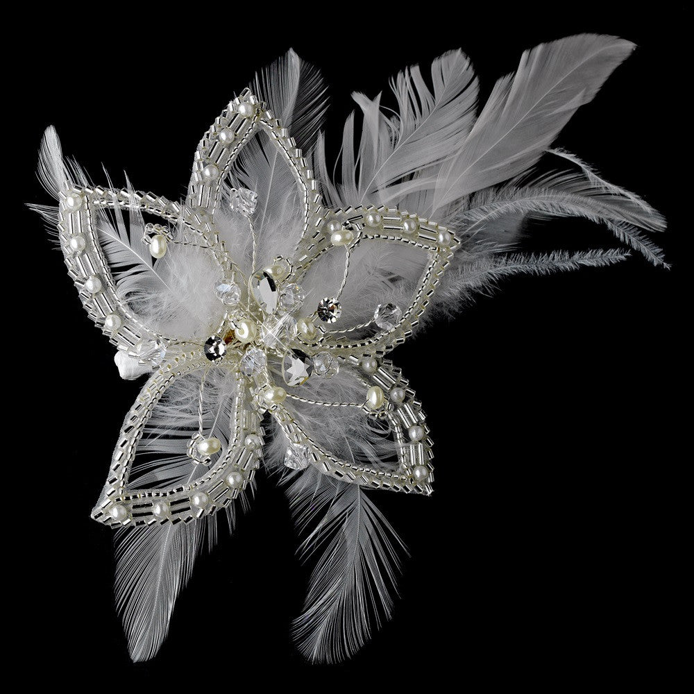 * Silver Plated Flower & Ivory Feather Fascinator Bridal Wedding Hair Clip 8396