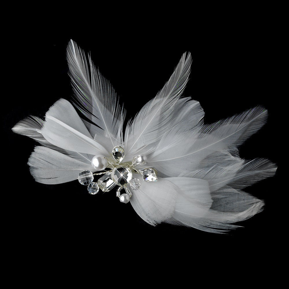 * Elegant White Feather Bridal Wedding Hair Clip Adorn in Pearls Crystals & Rhinestones - Bridal Wedding Hair Clip 8402