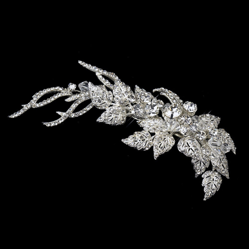 Silver Clear Swarovski Crystal Bead & Rhinestone Floral Leaf Side Bridal Wedding Hair Clip 9502