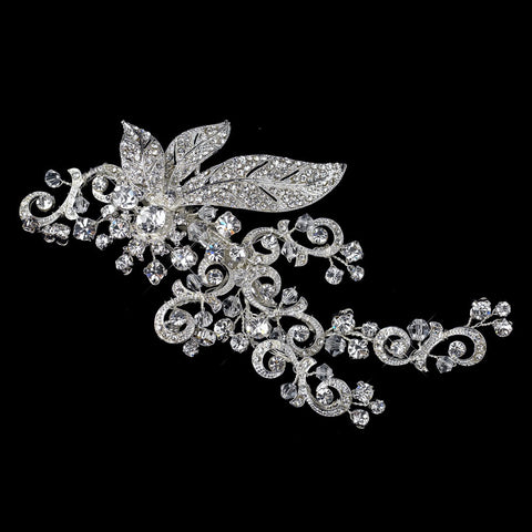 Sparkling Rhinestone Covered Leaf Swirl Bridal Wedding Hair Clip 9515 (Silver or Antique Silver)