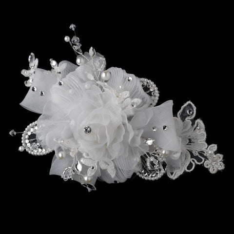 Ivory Pearl, Swarovski Crystal & Rhinestone Beaded Chiffon Sheer Organza Fabric Flower Bridal Wedding Hair Clip 9721