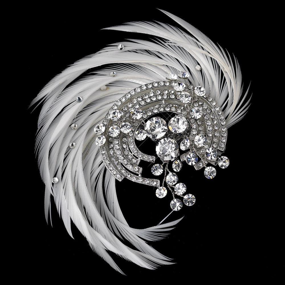 Antique Silver Rhodium Crystal & Ivory Feather Fascinator Bridal Wedding Hair Clip 9938