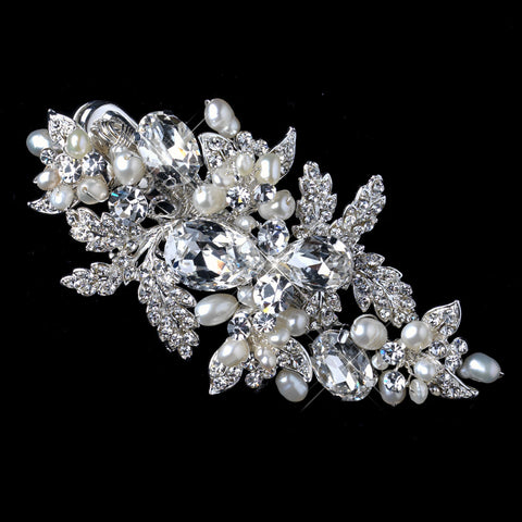 Silver Rhinestone & Freshwater Pearl Leaf Accent Bridal Wedding Hair Clip 3775