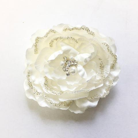 Ivory Fabric Beaded Flower Bridal Wedding Hair Clip with Rhinestones & Pearls