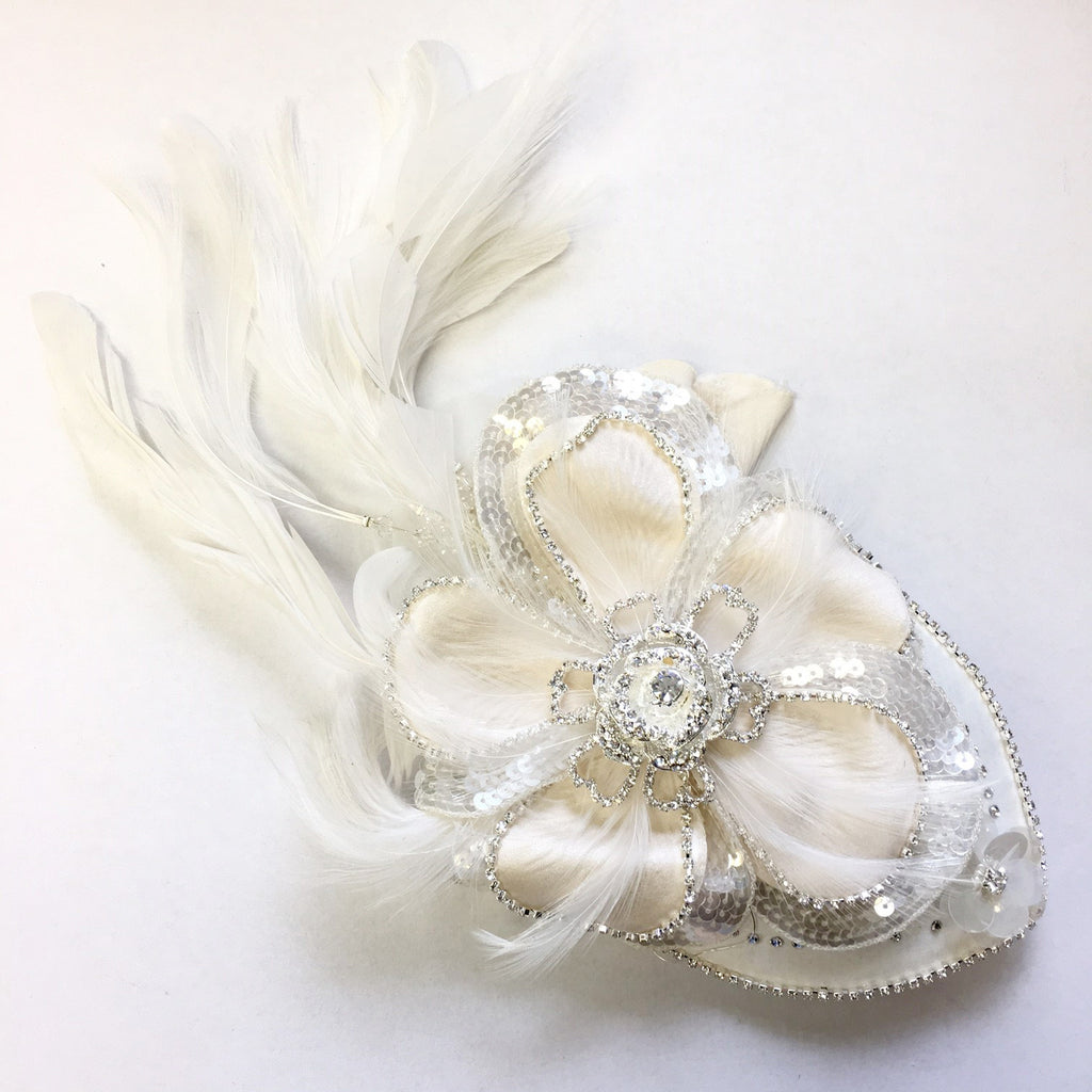 Diamond White Flower Cap with Feathers, Sequins & Rhinestones