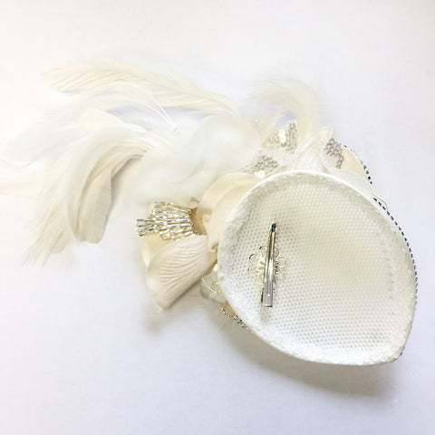 Diamond White Flower Cap with Feathers, Sequins & Rhinestones