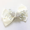 Ivory Satin Bow Bridal Wedding Hair Clip with Rhinestones & Pearls