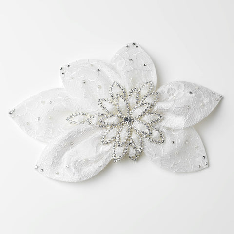 Ivory Satin Lace Flower Bridal Wedding Hair Clip with Rhinestone & Pearl Accents