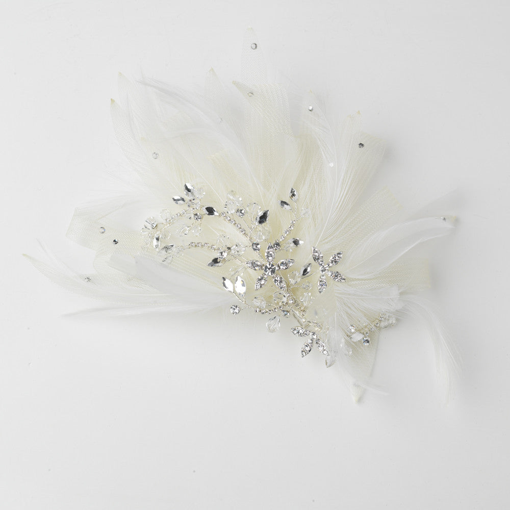 Ivory Mesh Feather Fascinator Bridal Wedding Hair Clip with Clear Rhinestones & Swarovski Crystal Beads