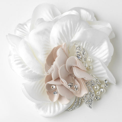 Ivory & Rum Satin Fabric Flower with Pearls & Rhinestones