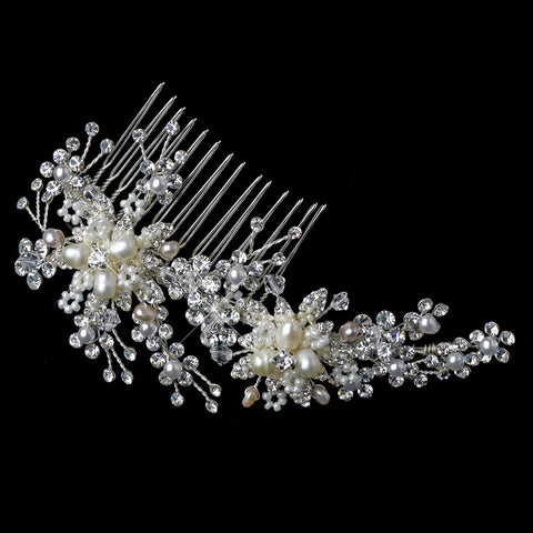 Silver Freshwater Pearl, Swarovski Crystal, Bead & Rhinestone Bridal Wedding Hair Comb 002
