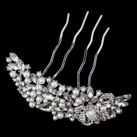 Rhodium Clear Marquise Rhinestone & White Pearl Vintage Bridal Wedding Hair Comb 1184