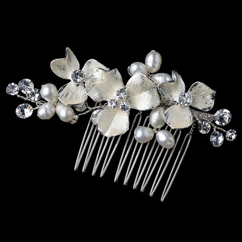Silver Freshwater Pearl & Rhinestone Floral Bridal Wedding Hair Comb 120