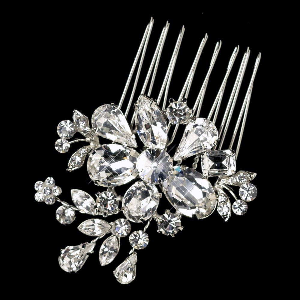 Rhodium Clear Flower Rhinestone Bridal Wedding Hair Comb 1364