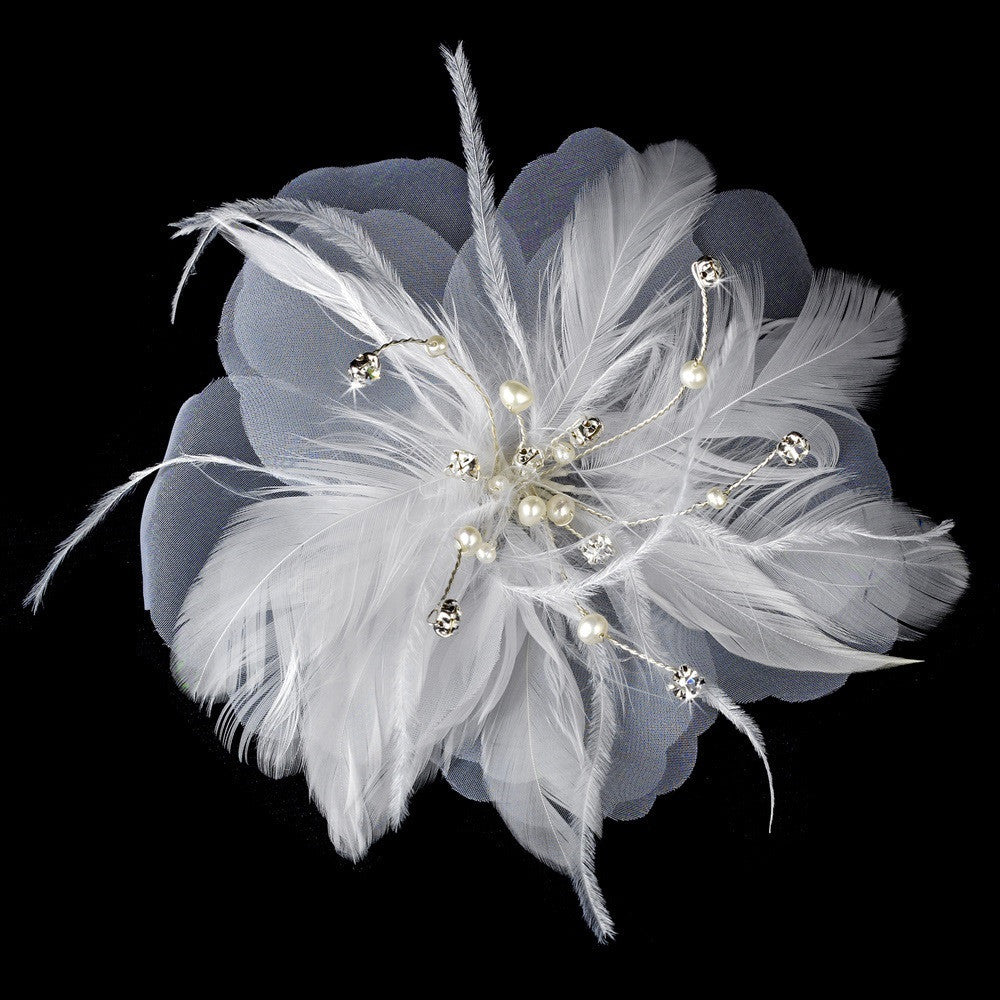 Silver Freshwater Pearl Flower Feather Fascinator Bridal Wedding Hair Comb 1535