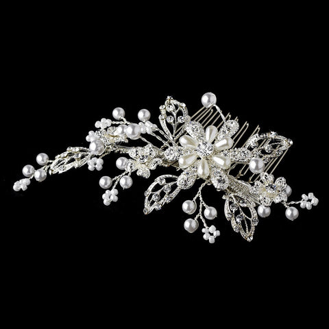 Silver White Pearl Crystal Couture Bridal Wedding Hair Comb 1643