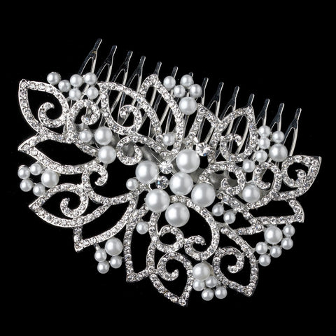 Rhodium Floral Swirl Rhinestone & Pearl Bridal Wedding Hair Comb 192